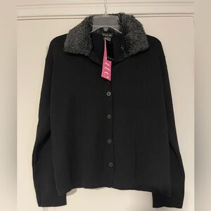 NWT Shria Novelli  Made in Italy Black Cardigan with Faux Fur Collar, size PM